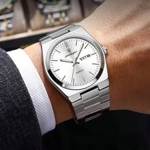 男士手表正品 POEDAGAR 品牌 50 米防水精准日本进口石英机芯时钟男士生日礼物防锈银色 316 不锈钢表带英文日历功能夜光指针商务父亲节纪念礼物送给丈夫 - 彩色 - 查看 2