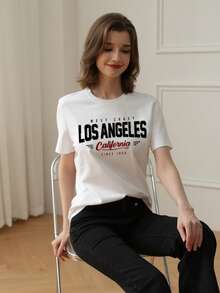 女装夏季新款简约洛杉矶口号印花休闲度假风宽松百搭圆领短袖T恤时尚日常上衣适合日常度假穿着