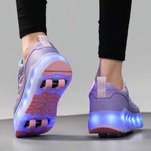 LED 多闪光 4 轮旱冰鞋，快速滑行，可拆卸轮子，时尚休闲二合一轮滑鞋，旋转扣可调节宽松版型 - 紫色 - 查看 4