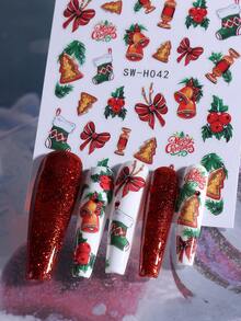 2 件圣诞树闪光蝴蝶结铃铛袜子糖果贴纸指甲贴花 3D 闪光节日 DIY 自粘指甲贴花艺术设计美甲装饰节日礼物送给女士女孩