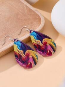 1pair Double-Sided Rainbow Printed Droplet Wooden Hook Earrings For Women, Boho Jewelry, Summer Ladies' Jewelry,Colorful Earrings