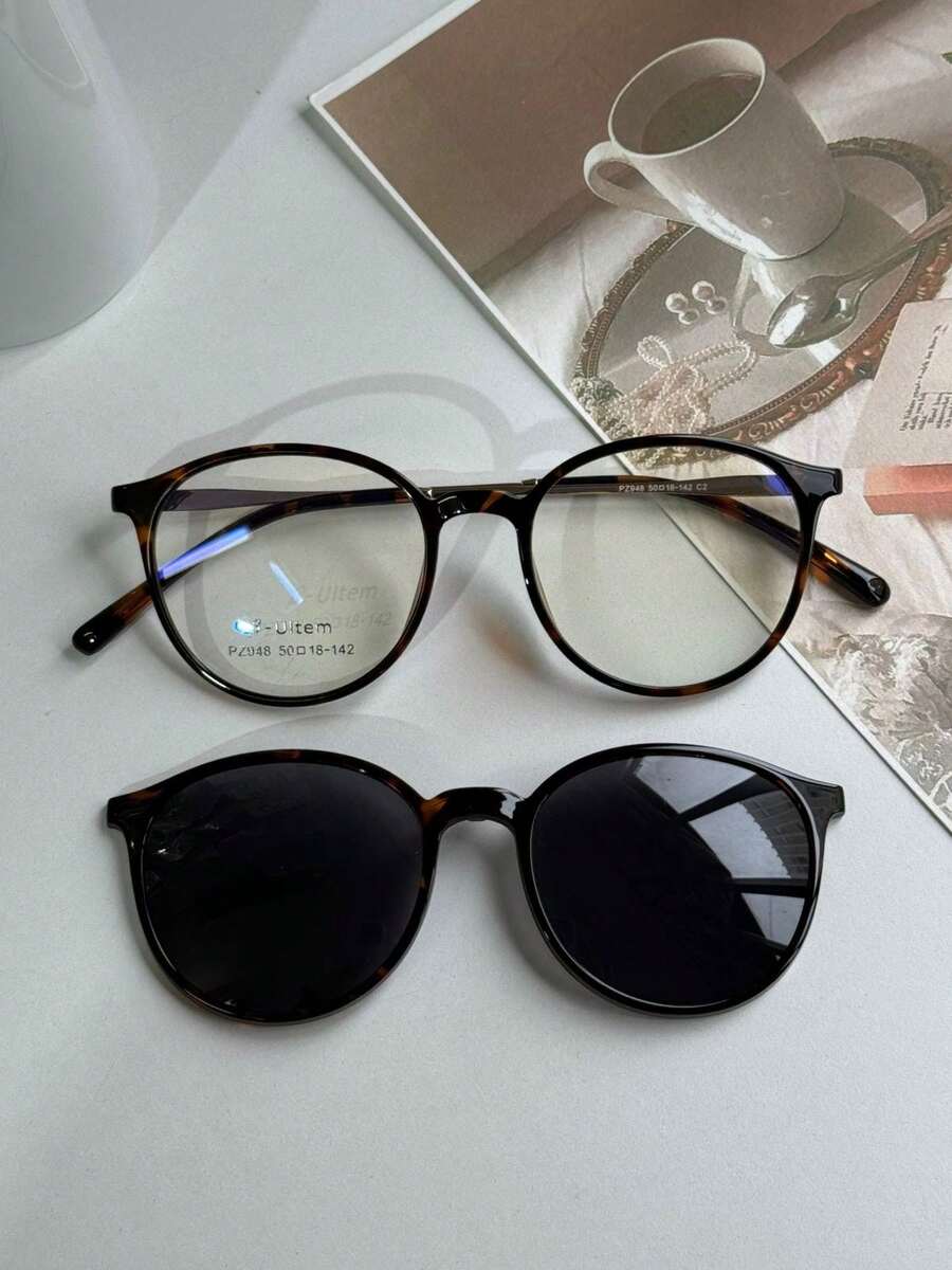 Women's Clip-On 2 In 1 Round Small Size Polarized Lens Eyeglasses Frame PZ948 - Chocolate Brown - View 1