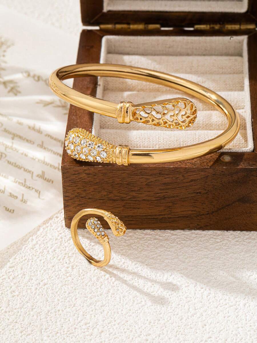 1 conjunto elegante de pulseira e anel de tamanho ajustável de alta qualidade - Ouro amarelo - Ver 1