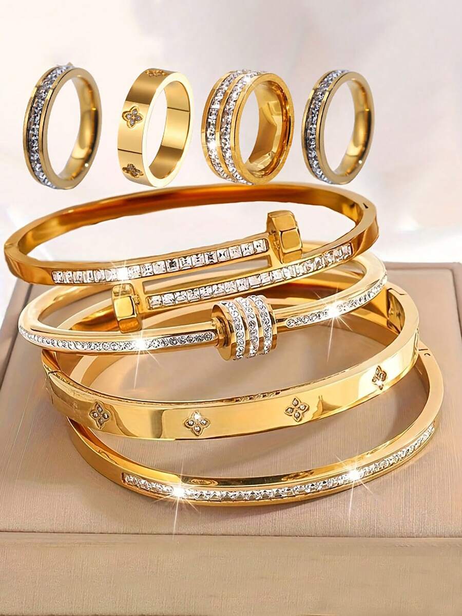 Camhanno 8/6pcs Set Elegant Multi-Color Stainless Steel Bracelet & Ring Jewelry Set, Unique Design, Ideal Fashion Accessory, Lucky Meaning, Suitable For Both Men And Women - Multicolor - View 1