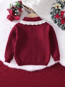 女婴优雅荷叶边开衫，酒红色长袖纽扣毛衣，适合生日派对、婚礼、周年纪念、秋冬季日常穿着 - 酒紅色 - 查看 3