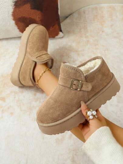 Cute Bohemian Style Buckle Design, New Fashionable Explosion Model Women Plus Size Snow Boots, Fluffy Slippers For Autumn/Winter Outdoor Indoor Wear, Thick Sole Warm Cross-Border Furry Boots