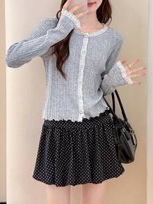 Alicedudu 女士优雅蕾丝花边圆领针织开衫，秋冬 - 灰 - 查看 2