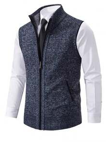 Herren Lässig Thermostrick Ärmelloser Pullunder, Herren Gestrickter Cardigan, für Ehemann, Herbst - Blau - Übersicht 3