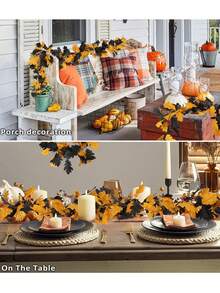 2 件秋季枫叶花环，人造枫叶花环，万圣节假植物黑色和黄色枫叶花环假枫叶户外人造花办公室、桌子、万圣节装饰、秋季装饰、节日悬挂花环秋季枫叶藤蔓装饰客厅，人造秋叶感恩节枫叶万圣节圣诞节壁炉