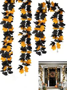 2 件秋季枫叶花环，人造枫叶花环，万圣节假植物黑色和黄色枫叶花环假枫叶户外人造花办公室、桌子、万圣节装饰、秋季装饰、节日悬挂花环秋季枫叶藤蔓装饰客厅，人造秋叶感恩节枫叶万圣节圣诞节壁炉