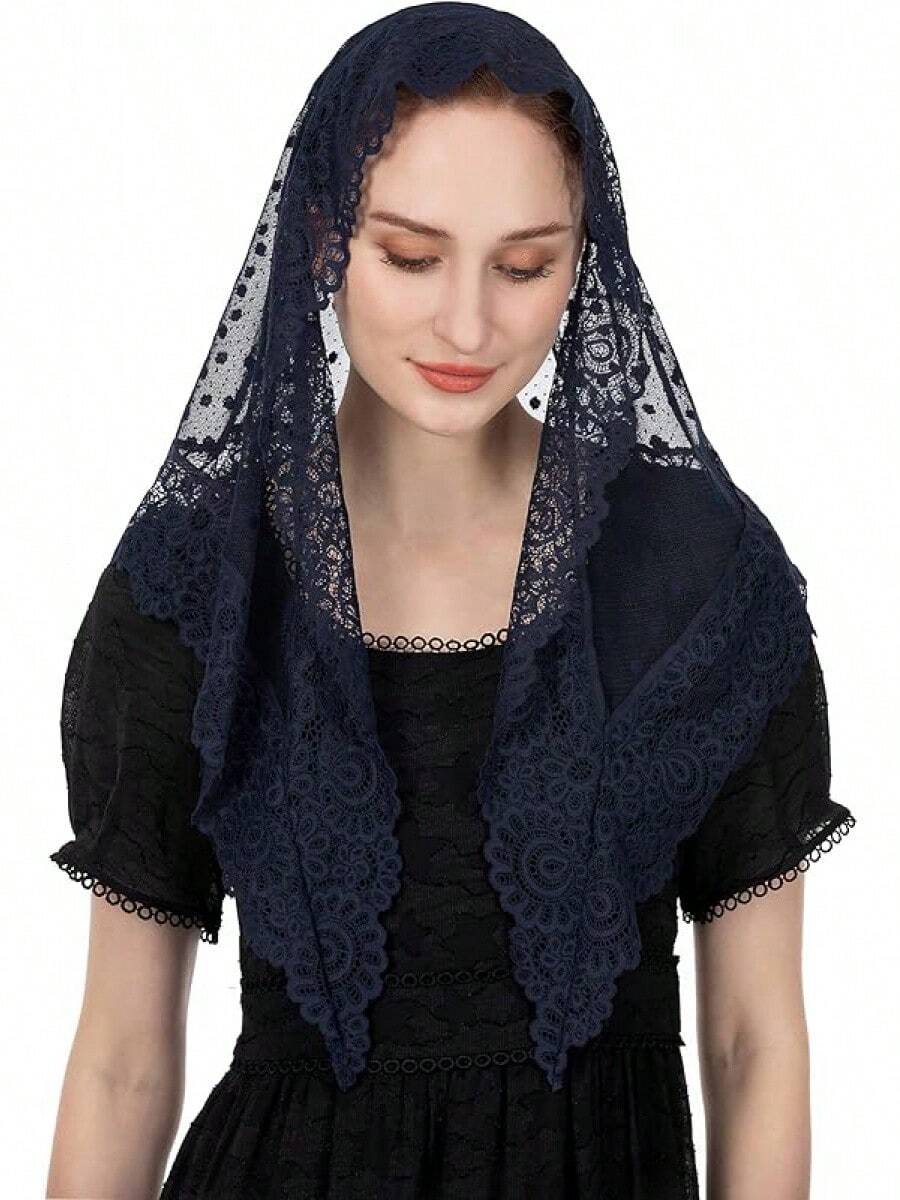 Wgior Triangle Vintage Inspired Lace Chapel Veils Catholic Mass Head Covering Scarf Mantilla Veils For Churchhalloween - Màu xanh hải quân - Xem 1