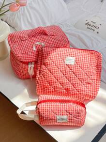 Juego de bolsas organizadoras de gran capacidad para el hogar con cremallera, bolsa de tocador portátil y con asa, bolsa de almacenamiento de cosméticos con diseño acolchado y de cuadrícula clásica en color rojo, bolsa cuadrada pequeña para almacenar toallas sanitarias, bolsa de maquillaje multifuncional para el hogar con asa, regalos para el Día de San Valentín, Navidad, Acción de Gracias, suministros para damas de honor y bodas