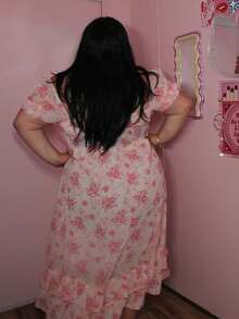 Enliva 加大码波西米亚风夏季浪漫雪纺花卉印花连衣裙，带褶边和下摆，女装 - 粉色 - 查看 4