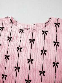 Acelitt 全新夏季浅粉色蝴蝶结印花泡泡袖休闲宽松衬衫