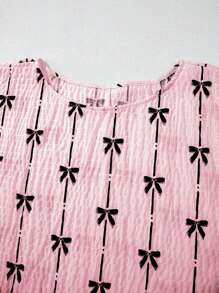 Acelitt Nueva blusa informal suelta de manga abullonada con estampado de lacito en color rosa claro de verano