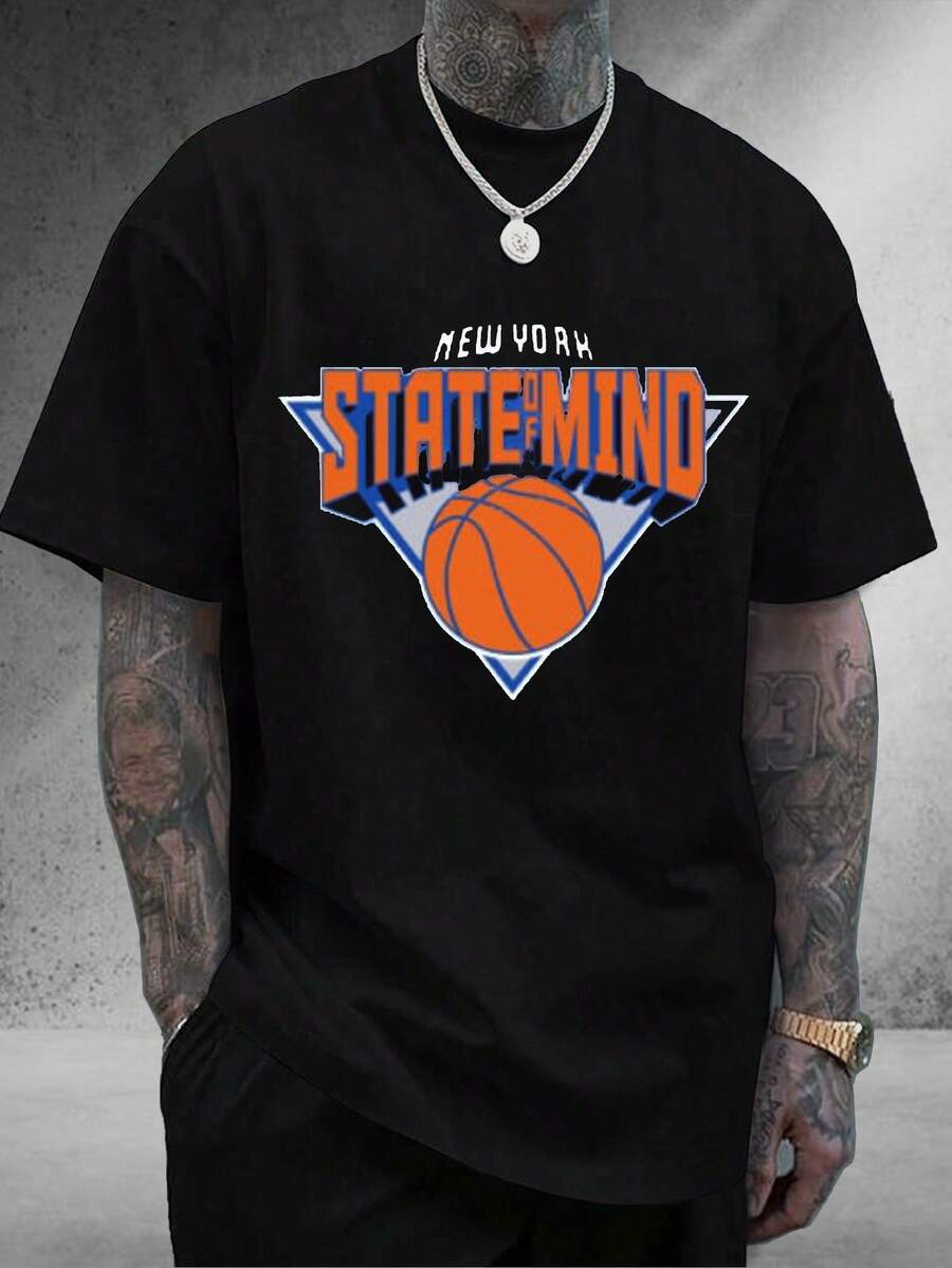 Camiseta impresa para hombres Diseño de baloncesto del estado de New York para uso diario 100% algodón Unisex Nueva llegada Idea de regalo perfecta Moda urbana de Camiseta cómoda de alta calidad - Negro - Ver 1