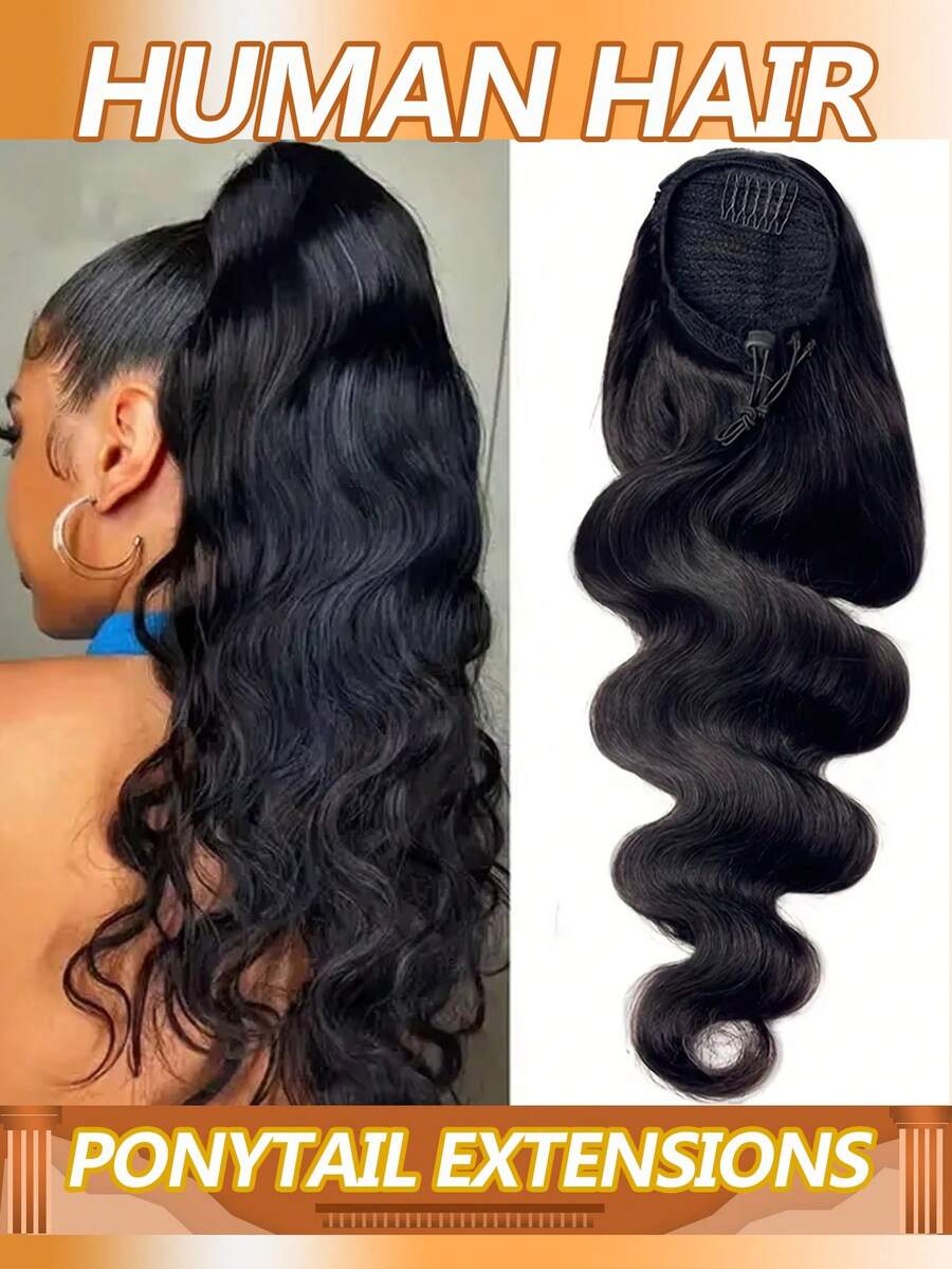 Body Wave 真人发束带马尾辫夹，巴西雷米发马尾辫，自然色，女士耐热马尾辫 - Natural Black - 查看 1