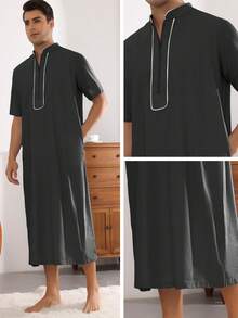 Men's Loose Fit Short Sleeve Nightgown Stand Collar Zipper Long Nightshirts - Black - View 3