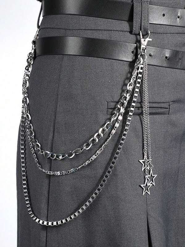 1 pieza Cinturón de mujer con cadena multicapa con decoración de estrella hueca en estilo punk, accesorio de cadena de cadera de moda hip hop