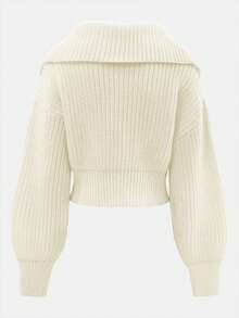 Cardigã curto de malha canelada, versátil, de cor sólida, com gola dobrável e zíper duplo, ideal para o outono/inverno. - Branco - Ver 3