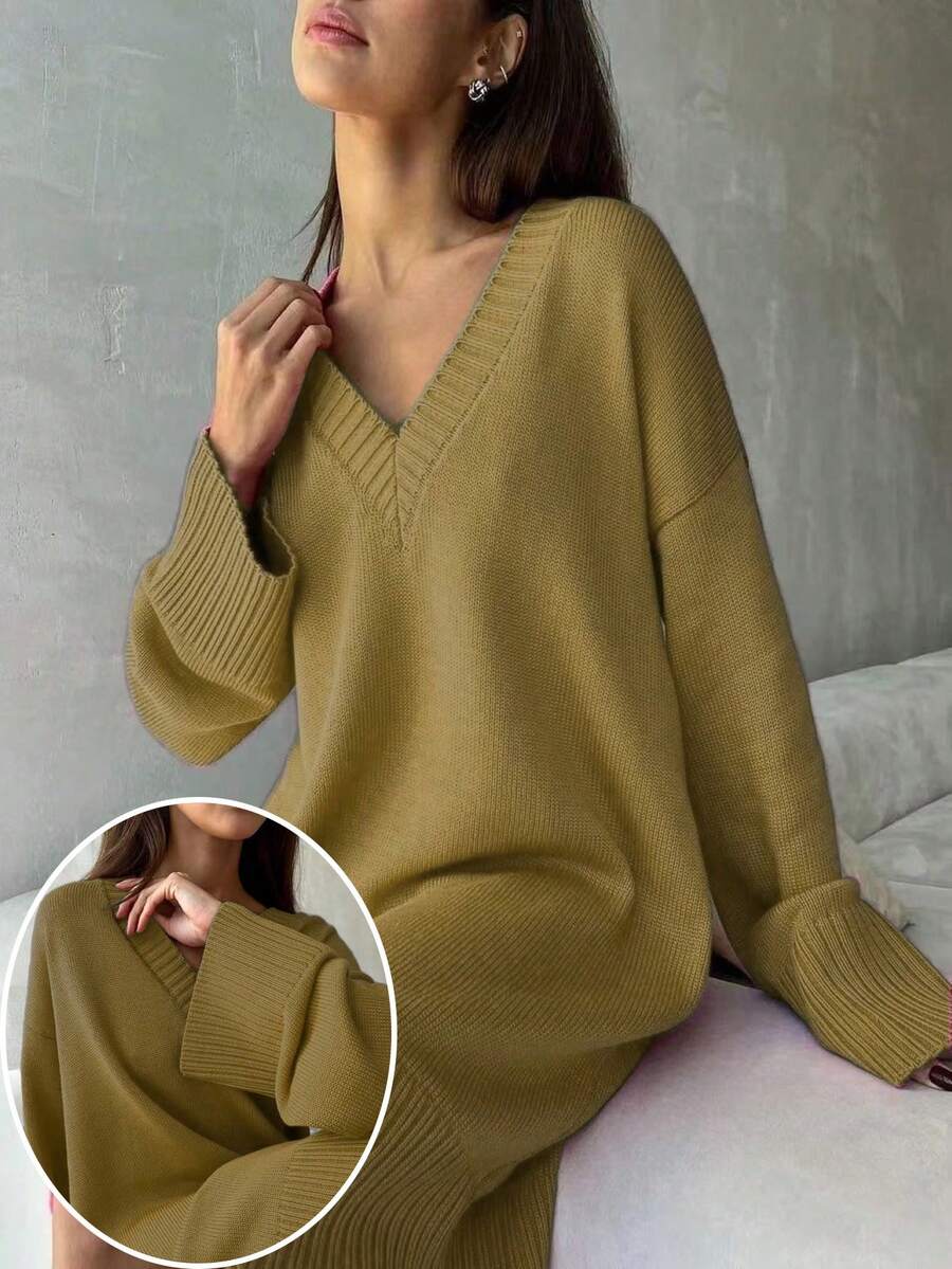 Váy len dài tay cổ chữ V màu trơn cỡ lớn, thường ngày đa năng, dành cho mùa đông - Màu Mù tạt vàng - Xem 1