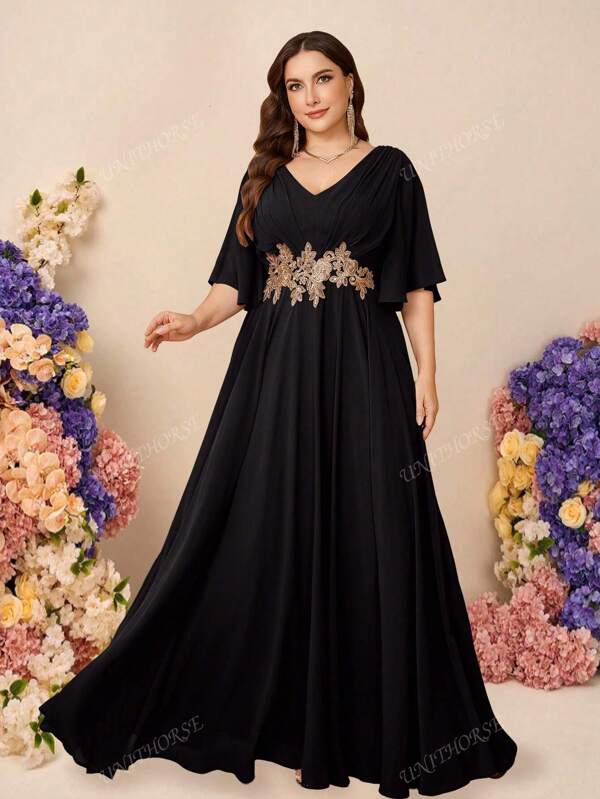 UNITHORSE Plus Size Waist Embroidered Decorative Elegant Chiffon Dress Lace Sleeve For Women's Bridesmaid Dress