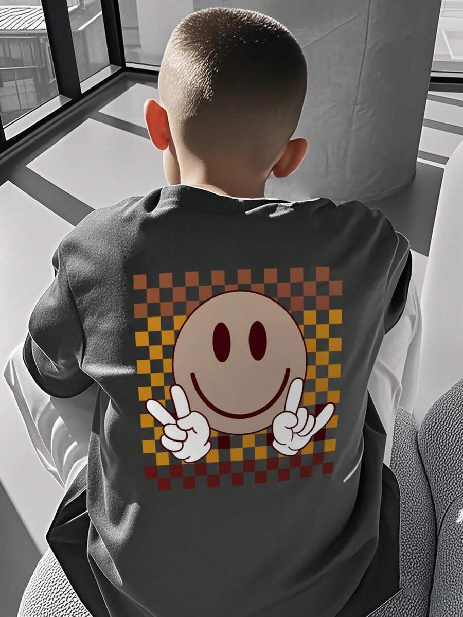 青少年男童学生休闲印花圆领短袖T恤，夏季上衣 - 深灰色 - 查看 1