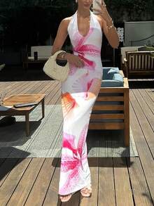 Spring And Summer Clothing, Warm Red Flowers And Shells, Ocean Element Patterns, Long Halter Neck Dress, Suitable For Women,Suitable For Spring Break Vacation, Seaside Vacation, Bikini Outerwear, Night Out, Sister Party, Seaside Party, Pool Party, Holiday Outfit, Natural Party, Chalet Vacation,Vacation Outfits, Holiday Derss, Women Dresses Birthday