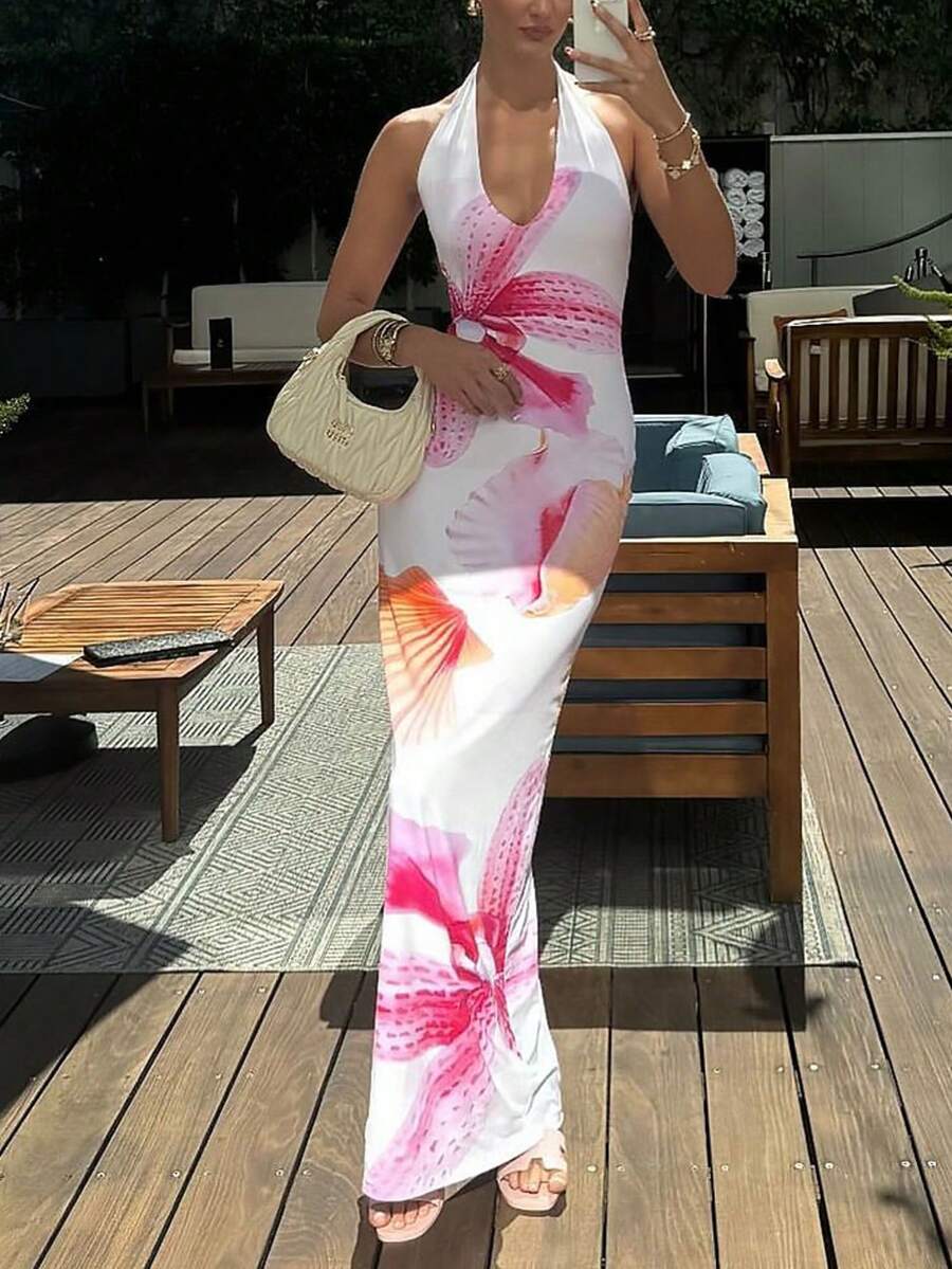 Spring And Summer Clothing, Warm Red Flowers And Shells, Ocean Element Patterns, Long Halter Neck Dress, Suitable For Women,Suitable For Spring Break Vacation, Seaside Vacation, Bikini Outerwear, Night Out, Sister Party, Seaside Party, Pool Party, Holiday Outfit, Natural Party, Chalet Vacation,Vacation Outfits, Holiday Derss, Women Dresses Birthday