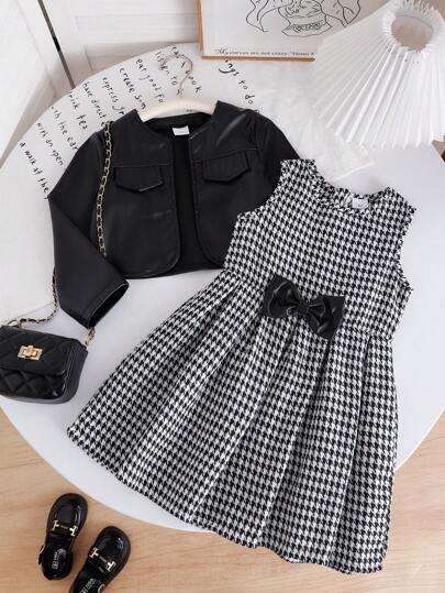 2pcs Young Girl Elegant Houndstooth Print Dress & Faux Leather Jacket Set, Fashion Outfit For Daily, School, Party, Photo Shooting, Travel, Suitable For Spring/Autumn