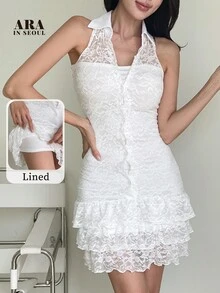 ARA CHIC Ladies' White Elegant Lace Ruffle Sleeveless Halter Bodycon Dress - Pure Desire Style Birthday & Vacation Dress - New Collection - White - View 1