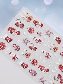 2张红色圣诞5D立体美甲贴纸，图案包括圣诞老人、雪人、雪花、球棒、帽子、围巾、靴子等节日元素，自粘式DIY美甲贴片，美甲用品，送给女性和女孩的礼物 - 彩色 - 查看 11