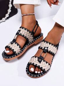 纯色时尚波西米亚风格女式 2025 新款舒适休闲复古沙滩柔软按摩鞋底编织带鞋带金属扣装饰，吸汗透气，适合夏季风格露趾，百搭假日防滑平底凉鞋，加大码，情人节礼物