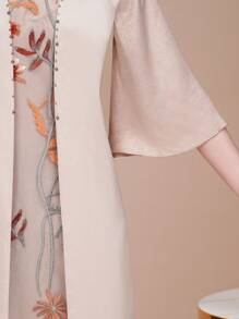 Contrast Embroidered Lace Floral Mesh Flare Sleeve Dress, Stand Collar 3/4 Sleeve Evening Gown 2 In 1, Elegant Mother Of The Bride Dress, Suitable For Wedding/Formal/Occasion/Guest/Engagement/Ceremony/Birthday/Social/Cocktail/Everyday/Vacation/Casual Wear