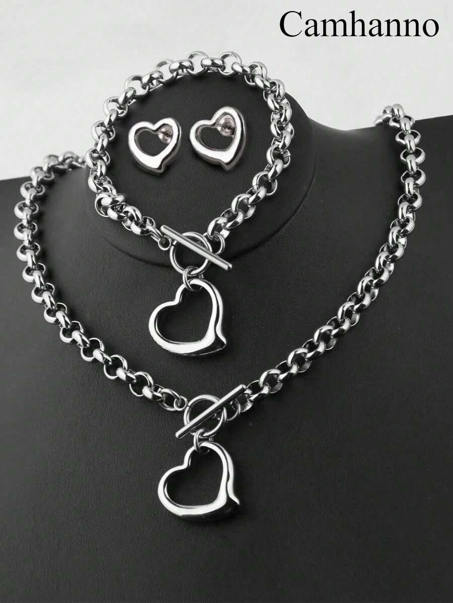 4 Pcs Stylish Personalized Design Simple Stainless Steel Love Necklace Bracelet Earrings Suitable For Holiday Gifts To Friends Valentines - Gold - View 1
