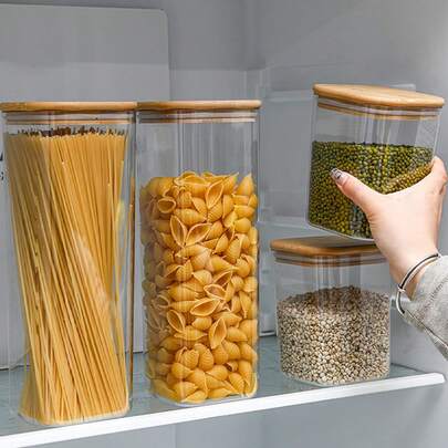 1pc Food Storage Container With Airtight Bamboo Lid, Available In 460ml, 1100ml, 2400ml Capacity - Durable, Transparent PET Material, Square Shape, Suitable For Storing Pasta, Sugar, Flour, Grains, Beans And More