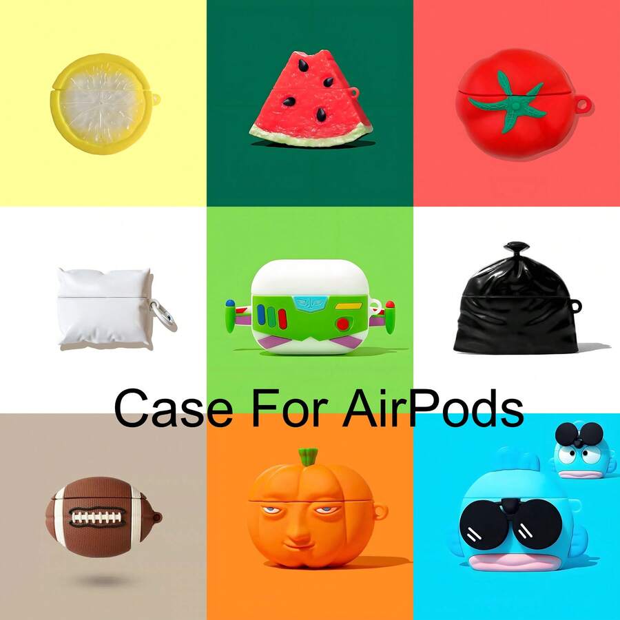 1个创意苹果无线蓝牙耳机保护套（随机附赠挂钩），适用于 Pro 3，宇航员/西瓜/足球/垃圾袋/枕头/柠檬片/番茄/小丑鱼/南瓜造型耳机保护套，卡通可爱硅胶防震苹果耳机保护套，适用于 1/2/3/4/Pro/Pro2，万圣节南瓜造型耳机保护套 - 彩色 - 查看 1