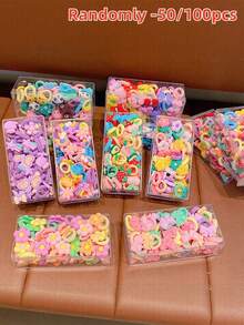 50/100 件随机可爱卡通花朵和蝴蝶发带，适合女士，适合马尾辫、发髻，很棒的礼物，塑料 PVC 四季皆宜，马尾辫夹，发圈，发绳