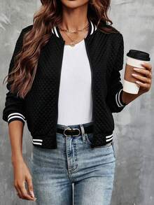 Women's Autumn/Winter Fashion Contrast Color Striped Baseball Jacket