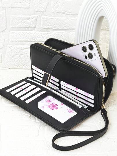MINGYOU Modische, weiche Materialien, hochwertige Bestickung, tragbares, lässiges, schwarzes mobiles Portemonnaie, Damen Reißverschluss Handy Portemonnaie, geeignet für Shopping, Reise-Essentials, Geldbörse, Geldbeutel, Schlüsselbund, Handgelenktasche