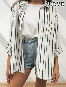 Camisa de manga larga con botones y rayas para mujer de talla grande, ropa de otoño - Blanco y Negro - Ver 2