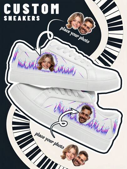 [Music Festival Theme]Women's Custom Photo And Name Lightweight Low-Top Sneakers, PU Leather Panel Shoes, Piano Keyboard Print, Unisex All-Season Casual Wear