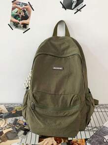 1pc Solid Color Nylon Waterproof Zipper Closure Minimalist Backpack, Suitable For Boys & Girls, Spring/Summer Use