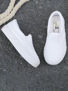 OPOEE 白色帆布鞋婴儿/幼儿小白鞋休闲运动鞋，春秋韩版简约男童/女童平底低帮系带运动鞋，经典帆布鞋时尚儿童一脚蹬乐福鞋，舞鞋