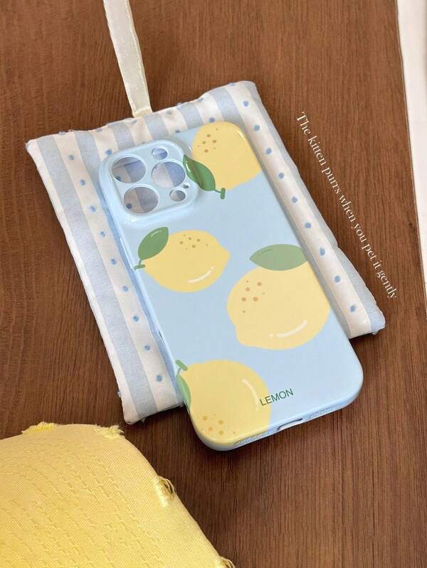 Capa de celular estilo INS, simples, verão, fresco, azul, fundo amarelo, limão, adequada para iPhone 13Promax/12/11Pro/12Promax/13/14Pro/16Promax/16/15Pro/14/16E/15Promax, capa protetora completa à prova de choque, design minimalista moderno