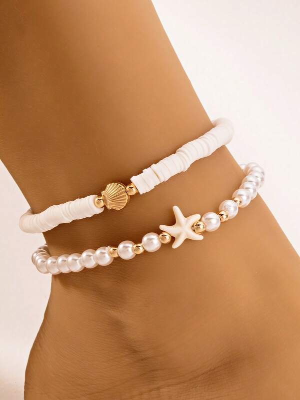 2pcs Fashionable Vintage Beach Style Natural Starfish Decor Adjustable Rice Bead Foot Chain Jewelry