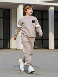2pcs/Set Tween Boy Spring/Autumn Printed Sweatshirt & Pants Casual Outfit - Màu be - Xem 2