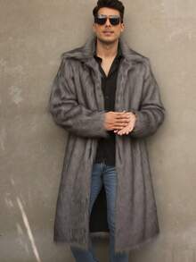 New Men's Square Collar Faux Fur Long Coat , Fall Winter - Dark Grey - View 2