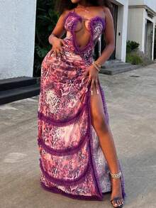 Purple Dresses For Women Sexy Sleeveless Lace Hem Deep V Neck Cocktail Dress Strapless Spaghetti High Slit Long Dress 2024 Fall & Winter Christmas Party Gifts - Màu tím - Xem 6
