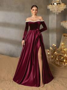 Faeriesty 優雅露肩珍珠裝飾長袖晚禮服，高開衩 A 字裙擺，適用正式舞會、盛大晚宴、婚禮接待 - 酒紅色 - 查看 3